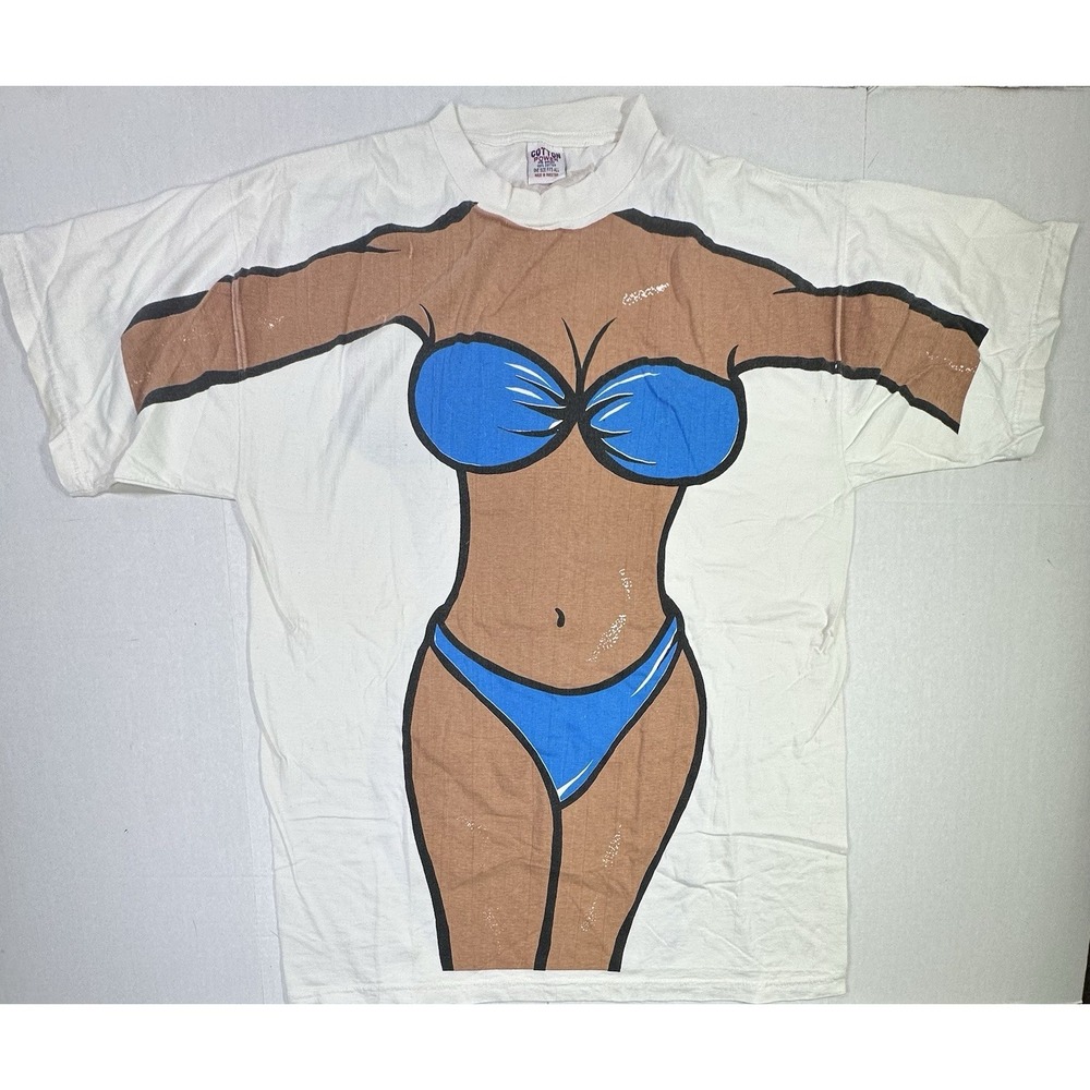 Vintage 90s Bikini Body Graphic T-Shirt Funny Beach Illusion Tee One Size Cotton